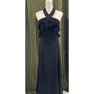 Mara Hoffman Black Fringe Halter Maxi Dress Gown Size 4 Criss Cross Neck